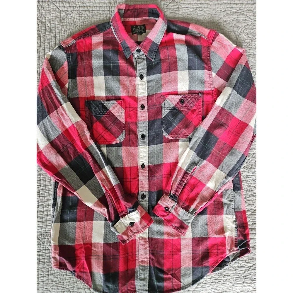 J Crew Men's Size Large Red Gray Classic Button Down Flannel Long Sleeve NWT